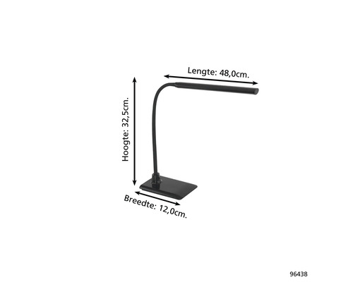 Stolní lampa s flexibilním ramenem a rozměry výška 32,5 cm, délka 48,0 cm a šířka 12,0 cm.