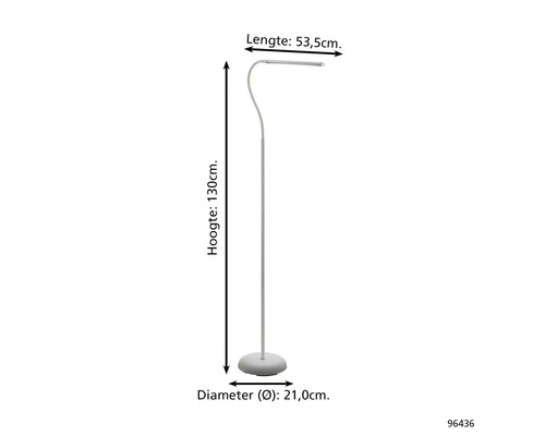 Stojací lampa s výškou 130 cm, délkou 53,5 cm a průměrem 21 cm