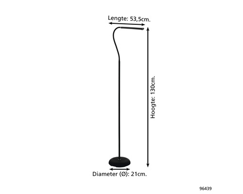 Obrázek stojací lampy o rozměrech délka 53,5 cm, výška 130 cm a průměr 21 cm.