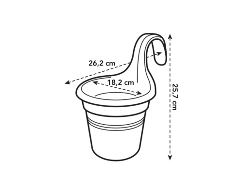 Obrázek závěsného květináče s rozměry: šířka 26,2 cm, výška 25,7 cm, vnitřní průměr 18,2 cm