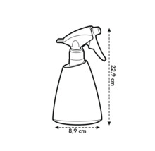 Rozprašovač o rozměrech 22,9 cm výšky a 8,9 cm šířky jako perokresba.