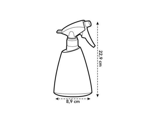 Rozprašovač o rozměrech 22,9 cm výšky a 8,9 cm šířky jako perokresba.