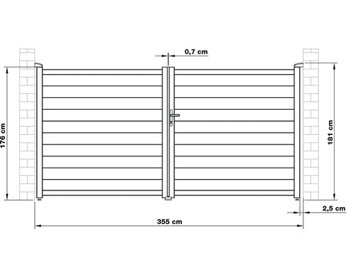 Nákres zahradní brány s rozměry.