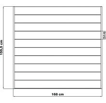 Technický výkres nástěnného panelu s rozměry 155,5 cm výška, 168 cm šířka a 15,5 cm hloubka