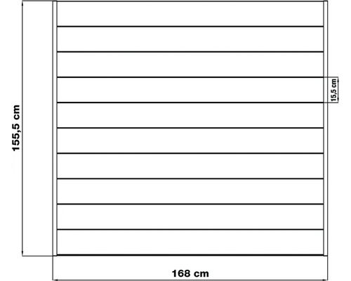 Technický výkres nástěnného panelu s rozměry 155,5 cm výška, 168 cm šířka a 15,5 cm hloubka