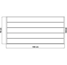 Technický nákres regálové desky s rozměry 168 cm šířka, 78 cm výška a 15,5 cm hloubka.