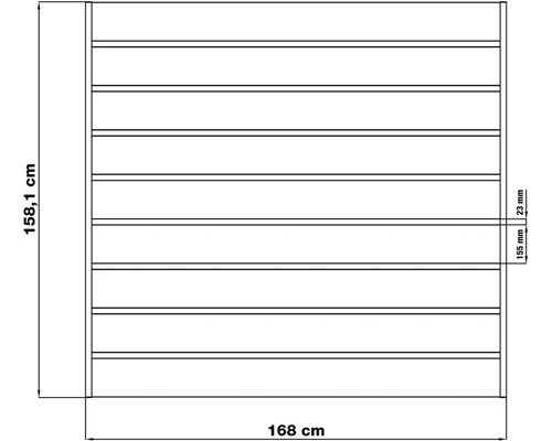 Technický výkres police o šířce 168 cm a výšce 158,1 cm