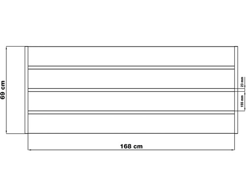 Technický výkres police o rozměrech 69 cm na výšku a 168 cm na šířku