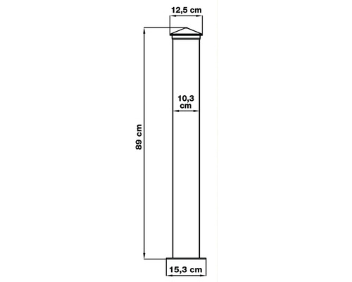 Technický nákres sloupku plotu o rozměrech 89 cm výška, 12,5 cm šířka nahoře, 10,3 cm šířka uprostřed a 15,3 cm šířka dole.