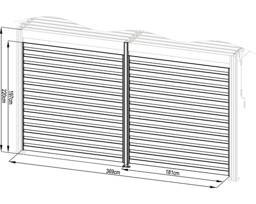 Horizontální lamelová stěna s údaji o šířce