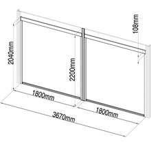 Technický nákres posuvných dveří o rozměrech 2040 mm výška, 3670 mm šířka a 108 mm hloubka.