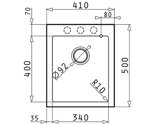 Technický nákres umyvadla s rozměry