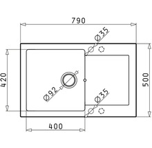 Technický nákres dřezu s rozměry