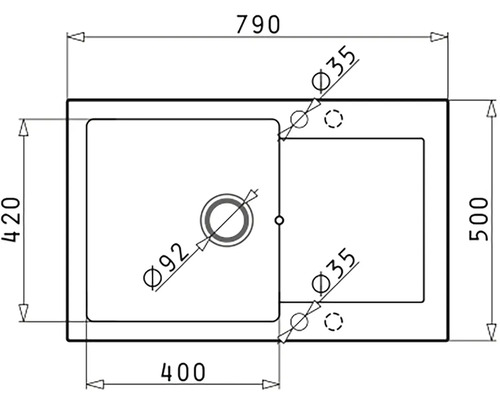 Technický nákres dřezu s rozměry