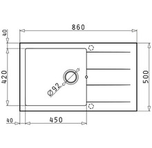Technický nákres kuchyňského dřezu s rozměry