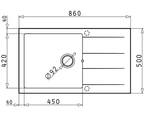 Technický nákres kuchyňského dřezu s rozměry