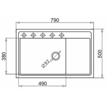 Technický výkres kuchyňského dřezu s rozměry.