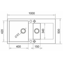 Technický nákres dřezu o rozměrech 1000 x 500 mm