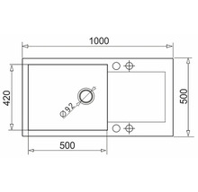 Nákres umyvadla o rozměrech 1000 x 500 x 420 mm a průměru 92 mm