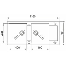 Technický výkres dvojitého umyvadla s rozměry