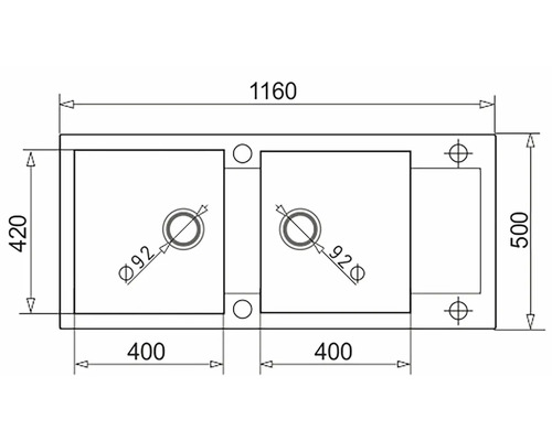 Technický výkres dvojitého umyvadla s rozměry