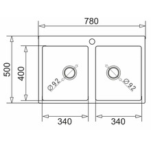 Technický nákres dvojitého dřezu o rozměrech 780 x 500 milimetrů.