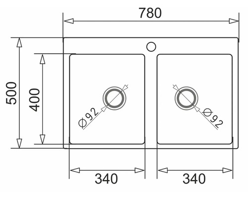Technický nákres dvojitého dřezu o rozměrech 780 x 500 milimetrů.