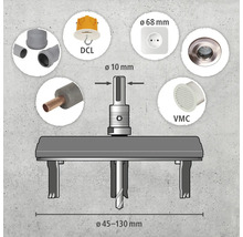 Děrovka s různými komponenty, jako je stropní připojovací krabice DCL, zásuvka, ventilační ventil VMC a potrubí