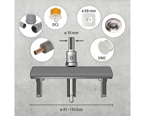Děrovka s různými komponenty, jako je stropní připojovací krabice DCL, zásuvka, ventilační ventil VMC a potrubí