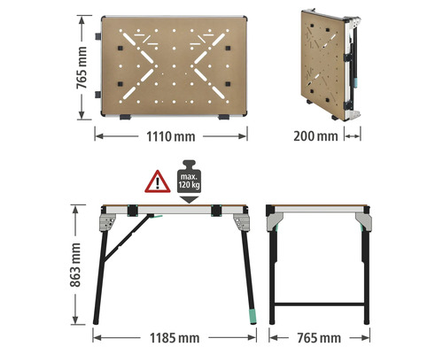 Technický nákres pracovního stolu s rozměry