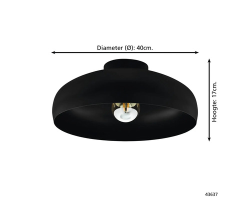 Černé stropní svítidlo o průměru 40 centimetrů a výšce 17 centimetrů.
