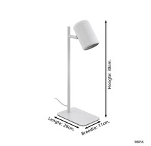 Bílá stolní lampa s výškou 38 cm, délkou 26 cm a šířkou 11 cm.