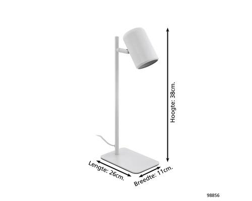 Bílá stolní lampa s výškou 38 cm, délkou 26 cm a šířkou 11 cm.