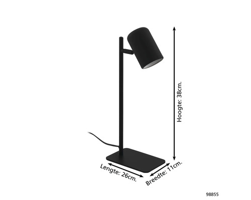 Černá stolní lampa o rozměrech výška 38 cm, délka 26 cm a šířka 11 cm