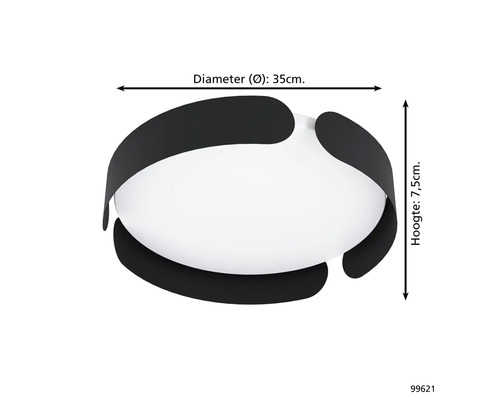 Stropní svítidlo má průměr 35 cm a výšku 7,5 cm.