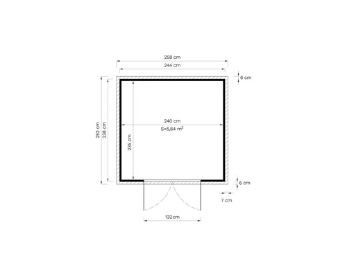 Půdorys s rozměry: šířka 258 cm, hloubka 252 cm, vnitřní plocha 5,64 metru čtverečního