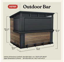 Logo společnosti Keter. Detailní pohled na venkovní bar s rozměry.