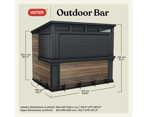 Logo společnosti Keter. Detailní pohled na venkovní bar s rozměry.