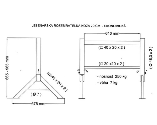 Technický nákres nastavitelné lešenářské kozy s rozměry a údaji o hmotnosti