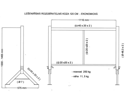 Technický nákres rozebíratelné kozy na lešení 120 centimetrů, rozměry a specifikace