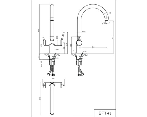 Technický nákres kuchyňské baterie s rozměry