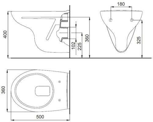 Technický výkres závěsného WC s rozměry