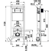 Technický výkres sanitárního instalačního systému s rozměry