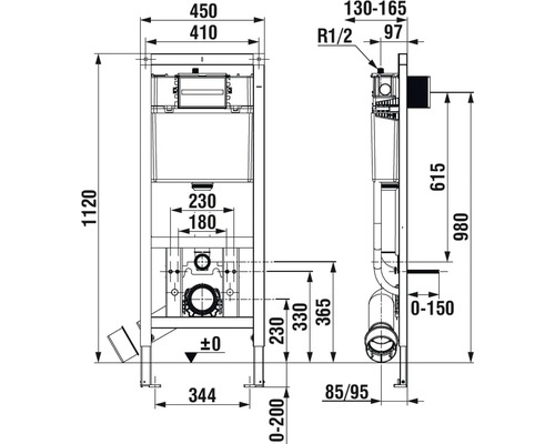 Technický výkres sanitárního instalačního systému s rozměry