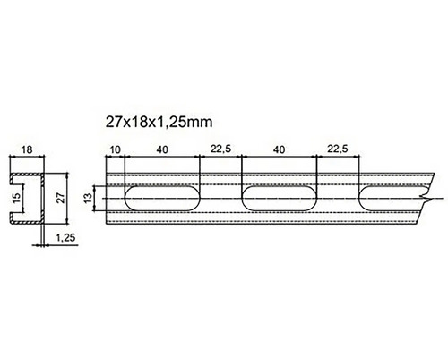 Technický výkres C-profilu o rozměrech 27x18x1,25 milimetrů