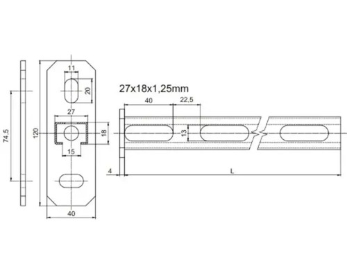 Technický výkres kovové lišty s rozměry
