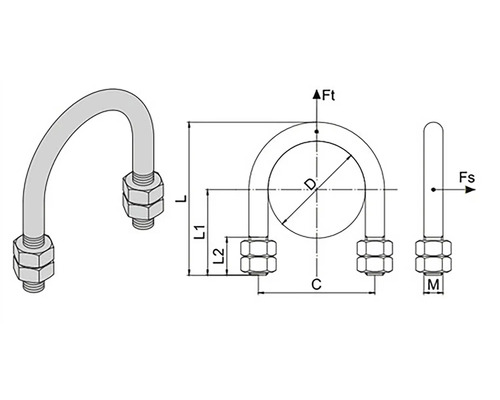 Technický výkres trubkové objímky se závitem a maticemi pro upevnění trubek.