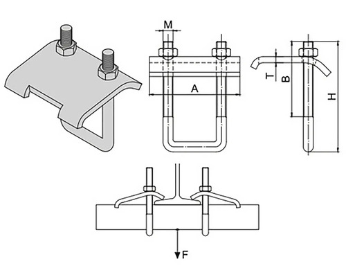 Technický nákres trubkové spony se šrouby a maticemi