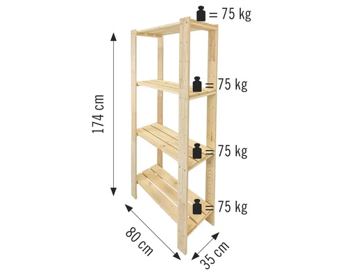 Dřevěný regál se čtyřmi policemi a údaji o hmotnosti
