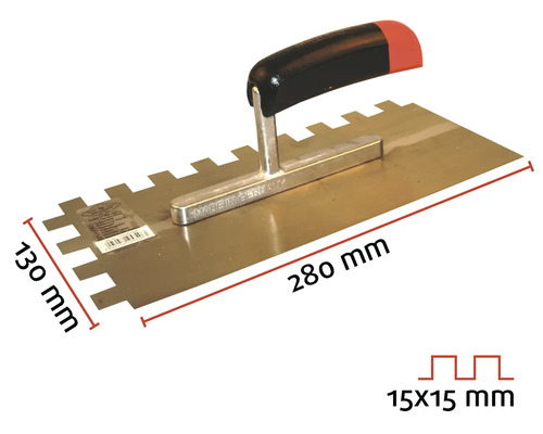 Zubová stěrka o rozměrech 280 krát 130 milimetrů a zuby 15 krát 15 milimetrů.